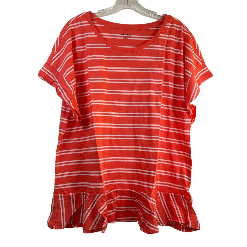 Lands End Womens XL Coral White Striped Peplum Hem Short Sleeve Slub Knit Top